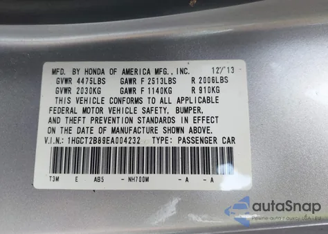 2014 Honda Accord Ex-L V-6 from USA, damaged, VIN 1HGCT2B89EA004232